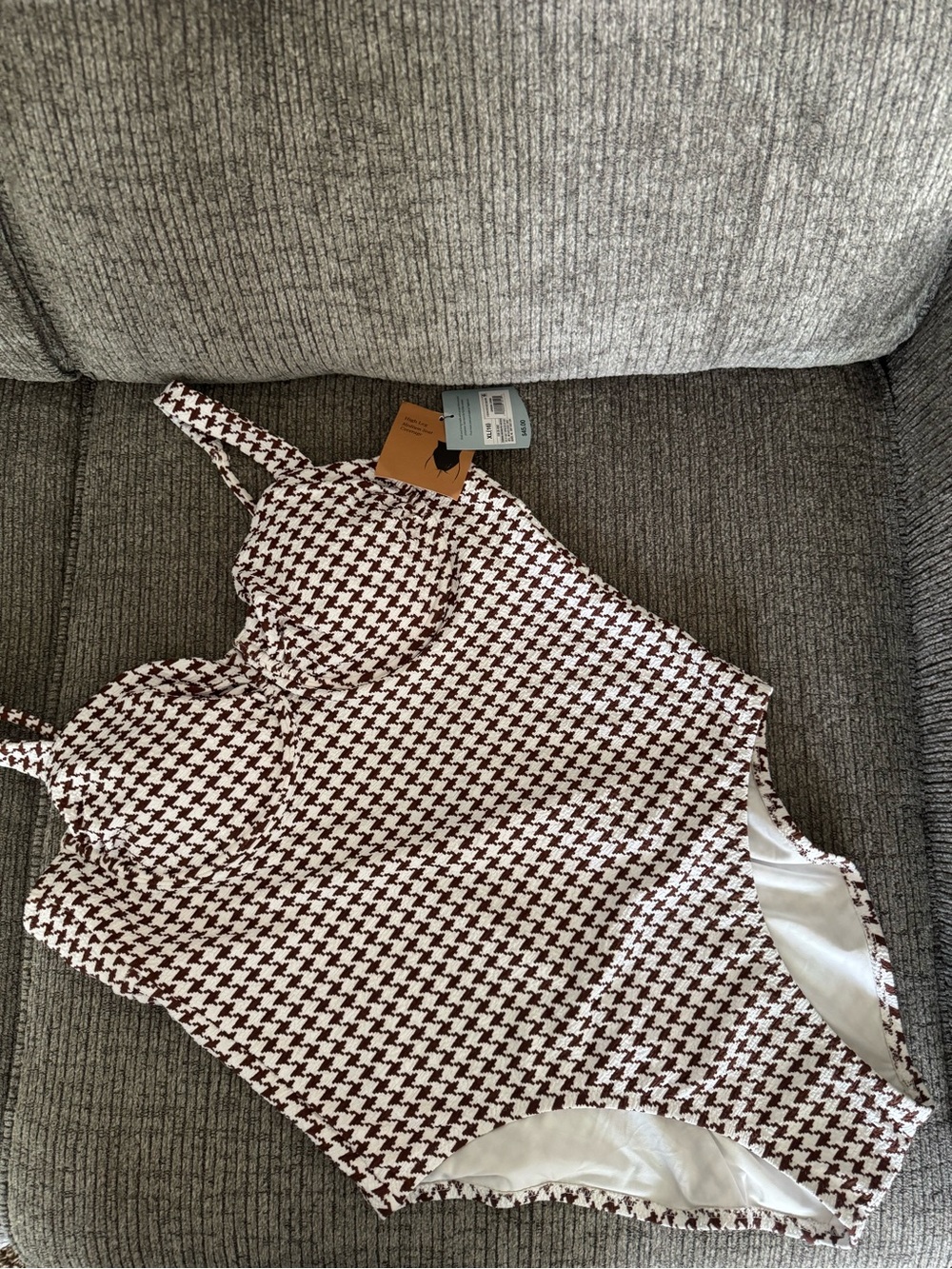 Pucker Houndstooth Swimsuit Brown